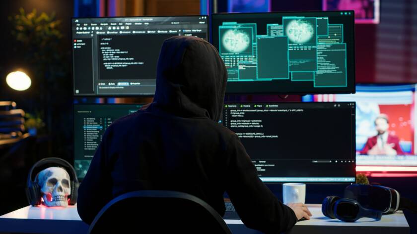 picture of a man in front of computer screens.