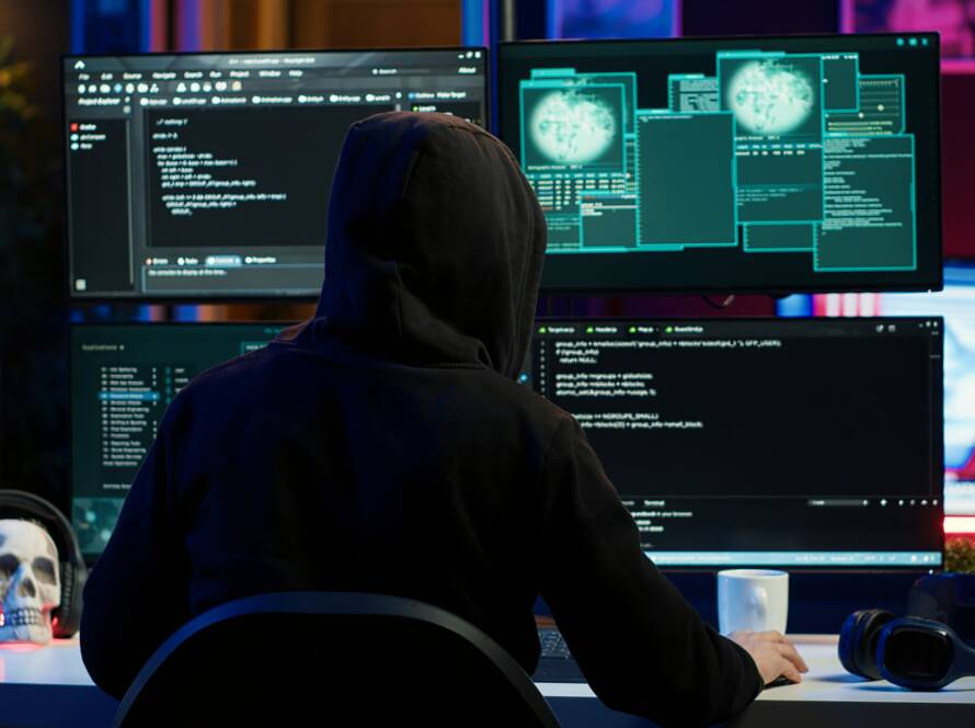 picture of a man in front of computer screens.